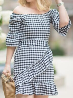 Black & White Gingham Off-Shoulder Ruffle Dress By PRETTYLITTLETHING